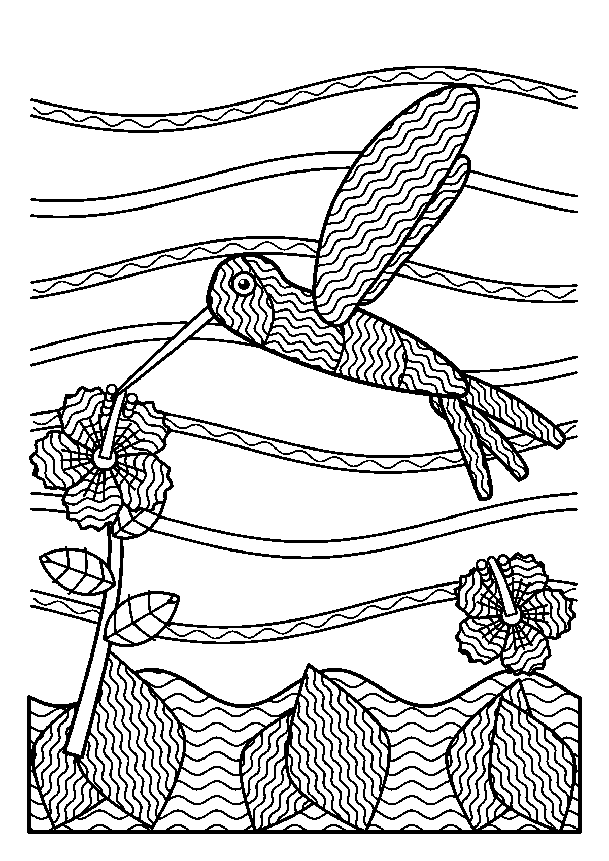 Coloriage adulte d’un colibri rempli de lignes ondulées qui butine un hibiscus, devant des rubans ondulés