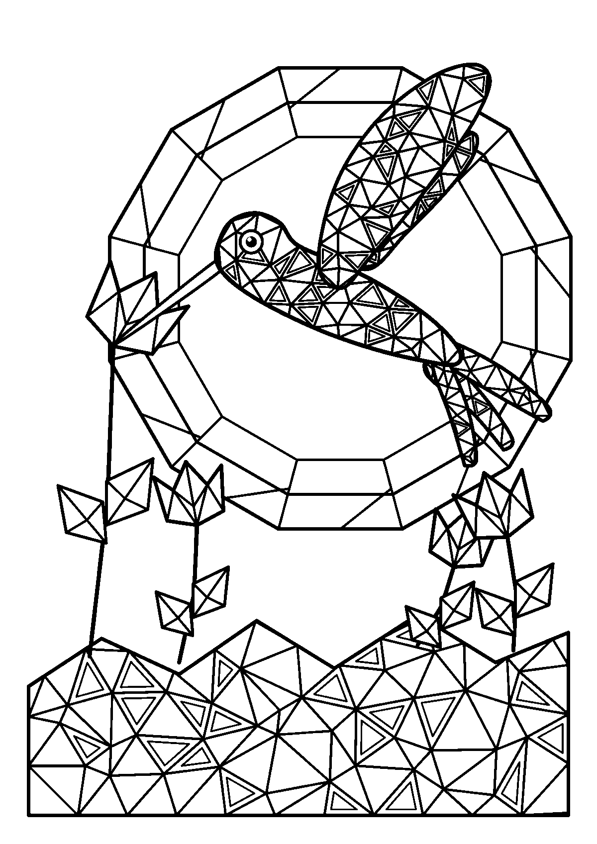 Coloriage adulte d’un colibri en triangles géométriques qui butine une tulipe devant un dodécagone