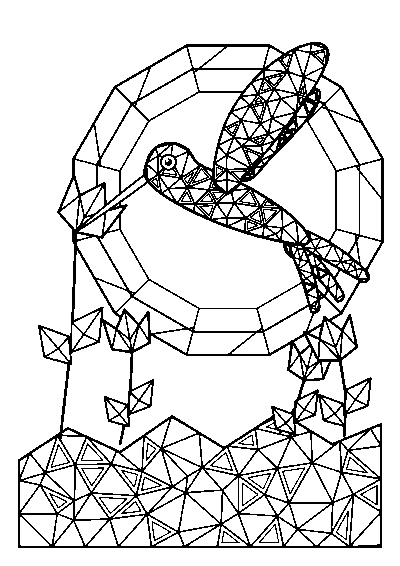Coloriage adulte d’un colibri en triangles géométriques qui butine une tulipe devant un dodécagone