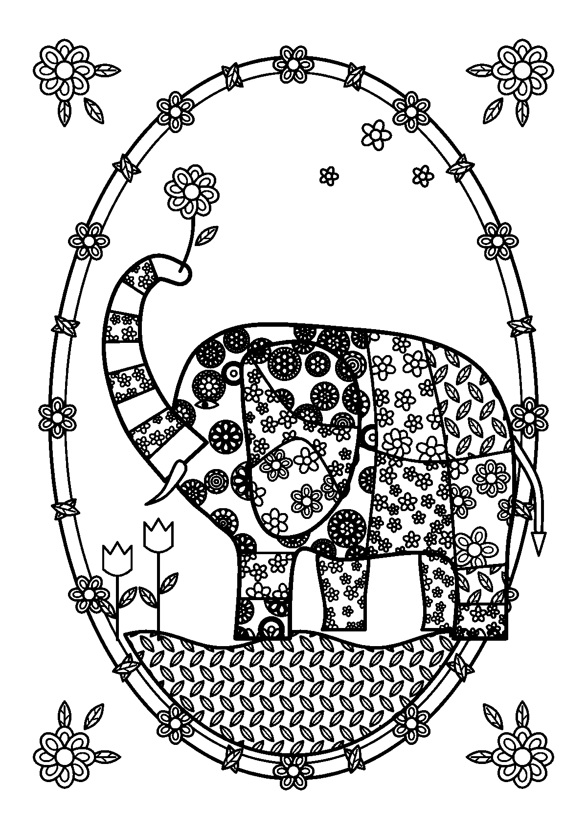 Coloriage adulte d’un éléphant couvert de motifs floraux tenant une fleur avec sa trompe, dans une couronne ovale de fleurs
