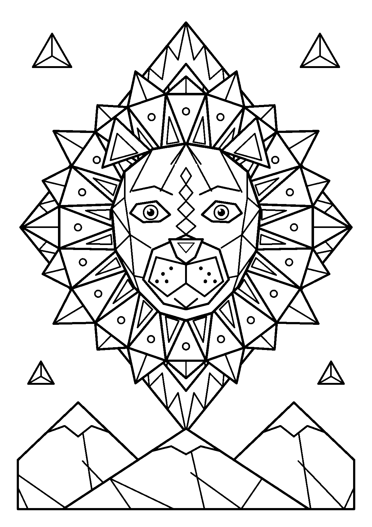 Coloriage adulte d’une tête de lion en facettes géométriques dans un losange, au-dessus de montagnes triangulaires