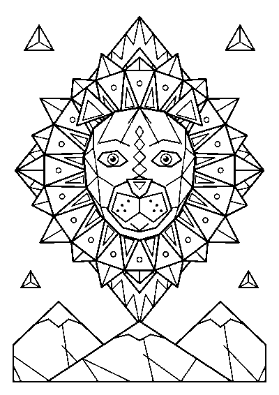 Coloriage adulte d’une tête de lion en facettes géométriques dans un losange, au-dessus de montagnes triangulaires
