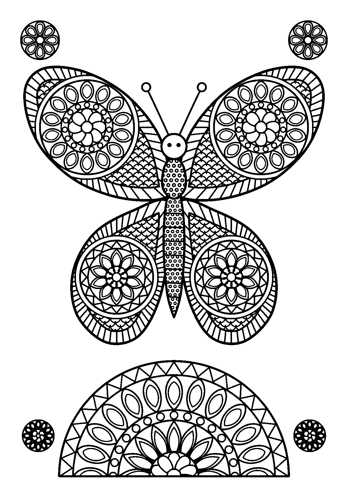 Coloriage adulte d’un papillon avec un mandala dans chaque aile au-dessus d’un demi-mandala