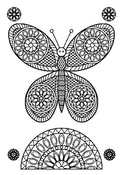 Coloriage adulte d’un papillon avec un mandala dans chaque aile au-dessus d’un demi-mandala