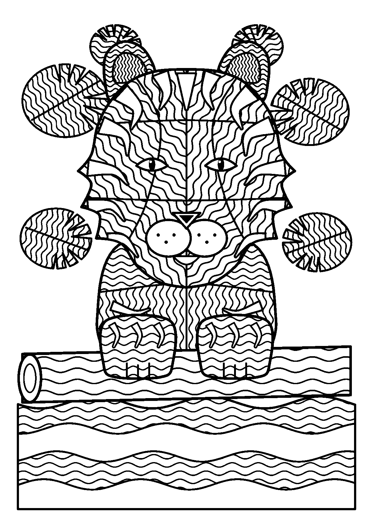 Coloriage adulte d’un tigre aux lignes ondulées posé sur un tronc entre des feuilles de jungle
