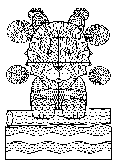 Coloriage adulte d’un tigre aux lignes ondulées posé sur un tronc entre des feuilles de jungle