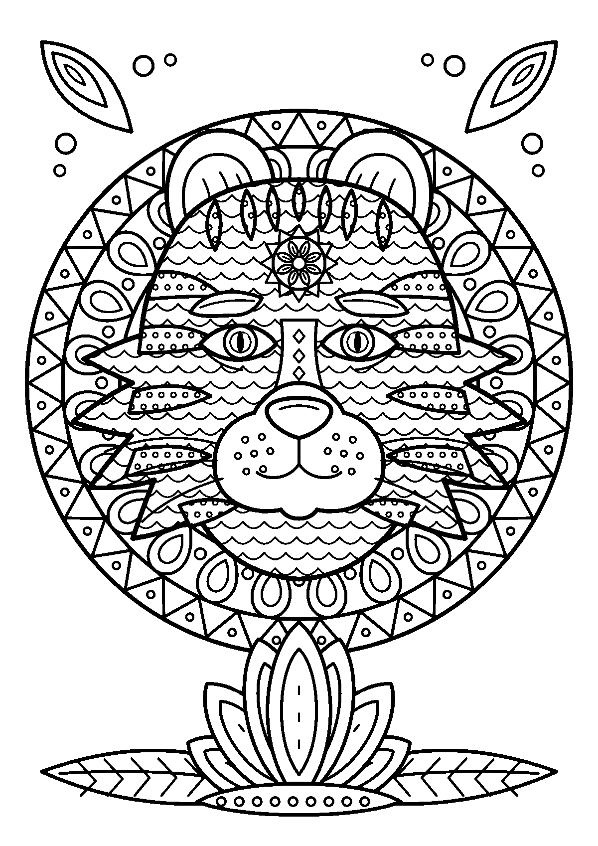 Coloriage d’une tête de tigre décorée de motifs au centre d’un mandala, au-dessus d’une fleur de lotus
