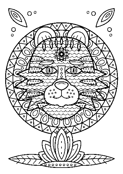 Coloriage d’une tête de tigre décorée de motifs au centre d’un mandala, au-dessus d’une fleur de lotus