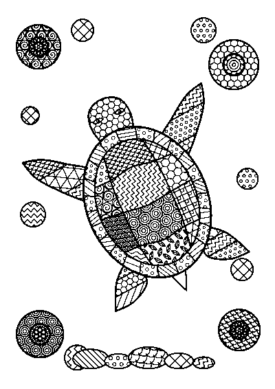 Coloriage adulte d’une tortue de mer vue de dessus avec une carapace aux motifs zentangle, entourée de bulles décorées
