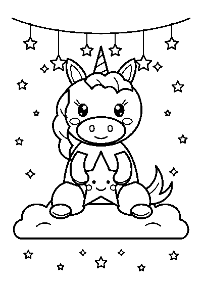 Coloriage d’un bébé licorne assis sur un nuage qui tient une grande étoile, sous une guirlande d’étoiles