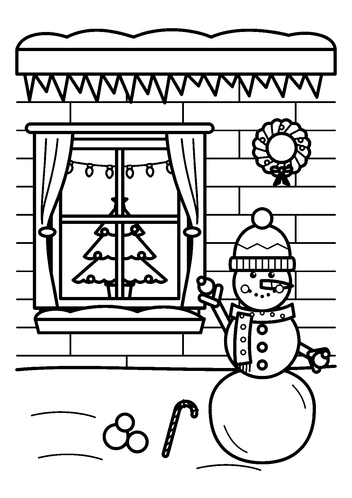 Coloriage d’un bonhomme de neige avec bonnet et écharpe devant la fenêtre enneigée d’un chalet avec un sapin décoré à l’intérieur