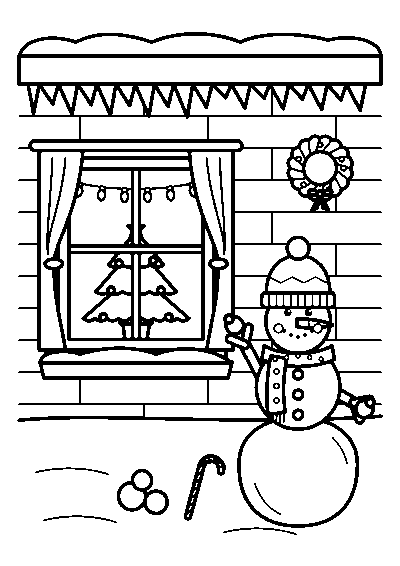 Coloriage d’un bonhomme de neige avec bonnet et écharpe devant la fenêtre enneigée d’un chalet avec un sapin décoré à l’intérieur
