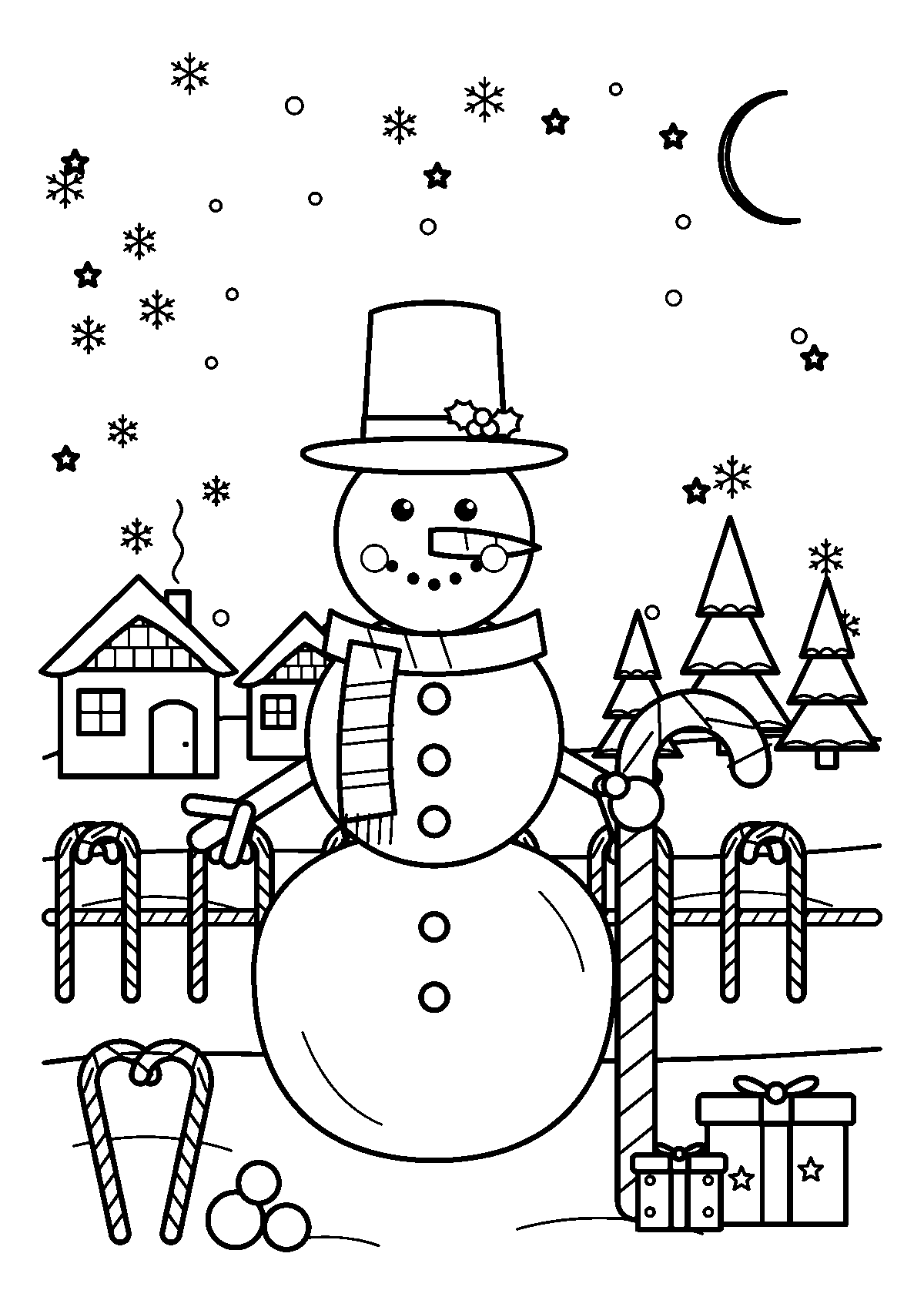 Coloriage d’un bonhomme de neige avec une écharpe rayée et un sucre d’orge devant une clôture de sucres d’orge et un village enneigé