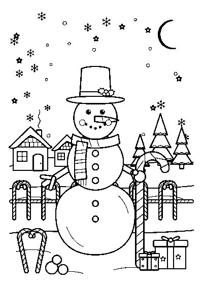 Coloriage d’un bonhomme de neige avec une écharpe rayée et un sucre d’orge devant une clôture de sucres d’orge et un village enneigé