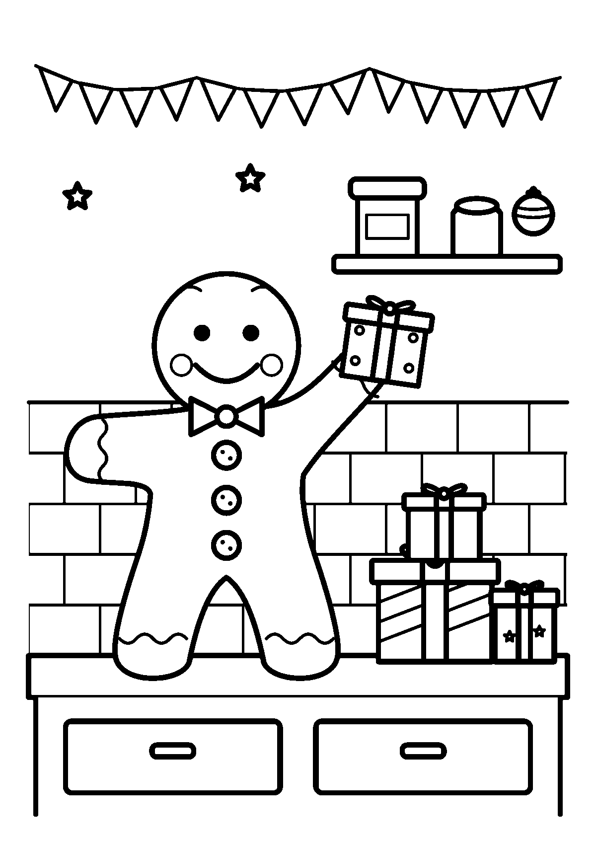 Coloriage d’un bonhomme en pain d’épices qui tient un cadeau sur le plan de travail d’une cuisine, à côté d’une pile de cadeaux