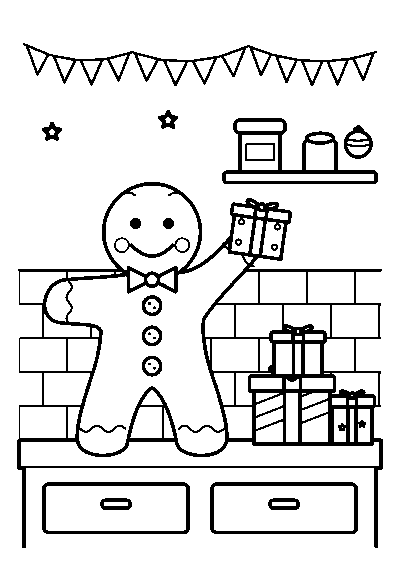 Coloriage d’un bonhomme en pain d’épices qui tient un cadeau sur le plan de travail d’une cuisine, à côté d’une pile de cadeaux