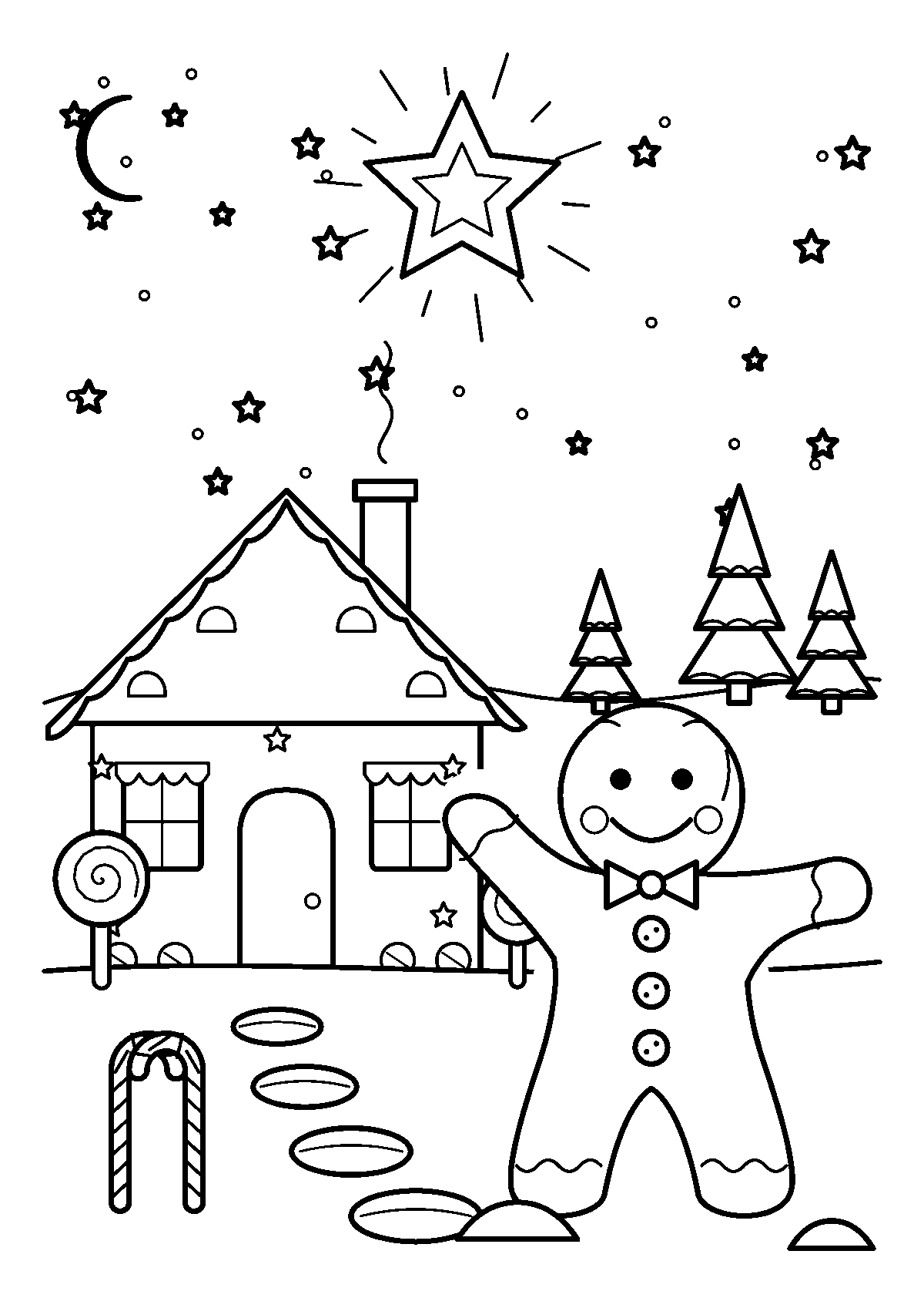 Coloriage d’un bonhomme en pain d’épices devant une maison en pain d’épices, sous une grande étoile et un ciel étoilé
