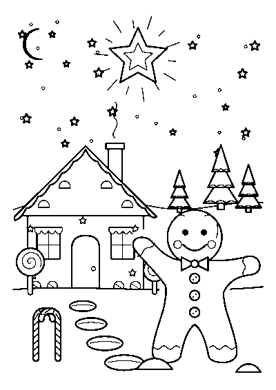 Coloriage d’un bonhomme en pain d’épices devant une maison en pain d’épices, sous une grande étoile et un ciel étoilé