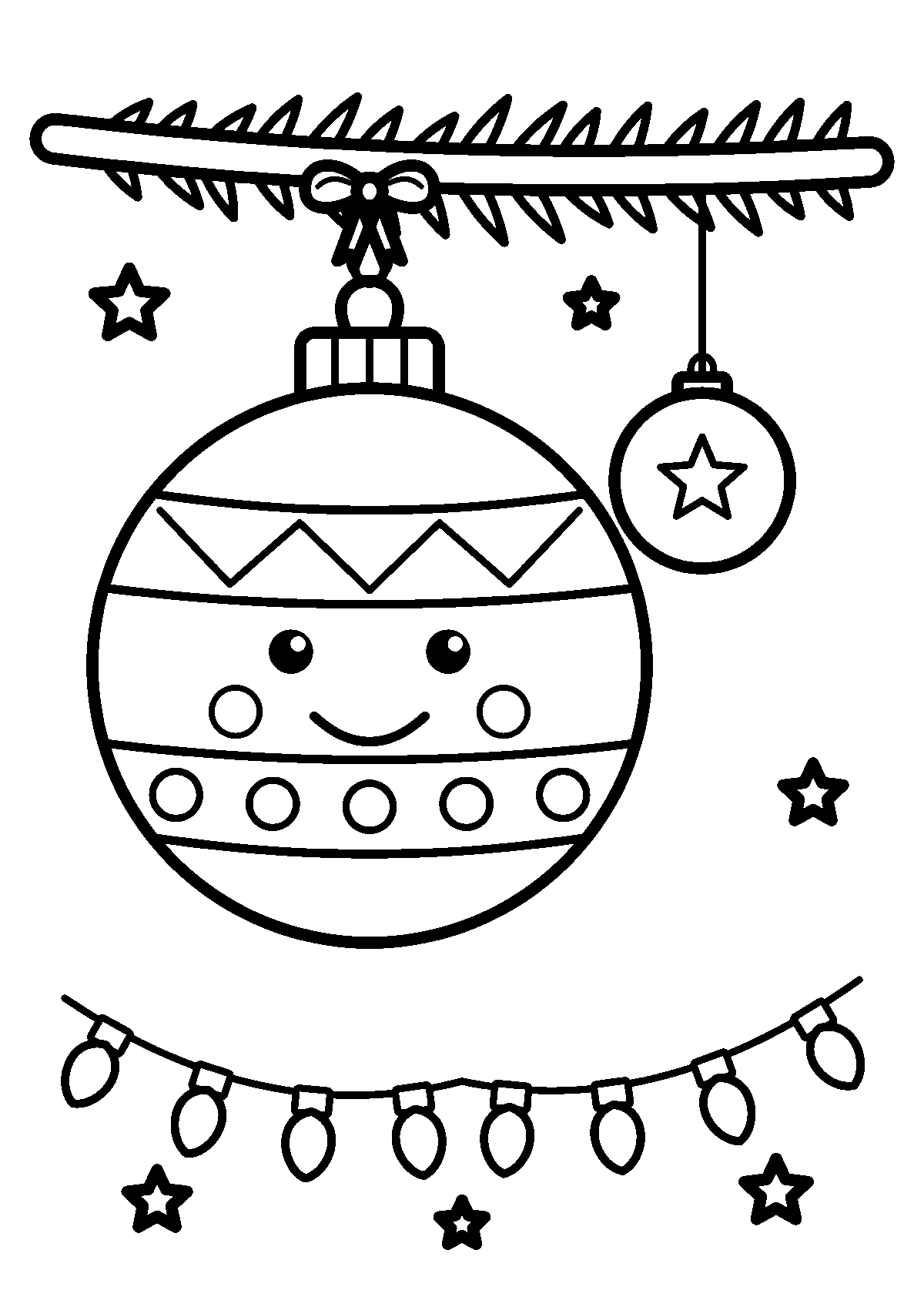 Coloriage d’une boule de Noël souriante suspendue à une branche de sapin avec une petite boule et une guirlande lumineuse