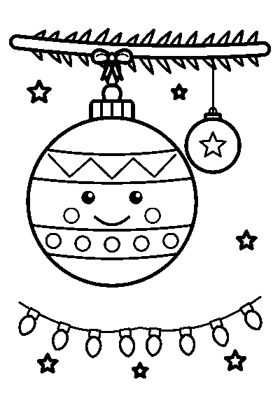 Coloriage d’une boule de Noël souriante suspendue à une branche de sapin avec une petite boule et une guirlande lumineuse
