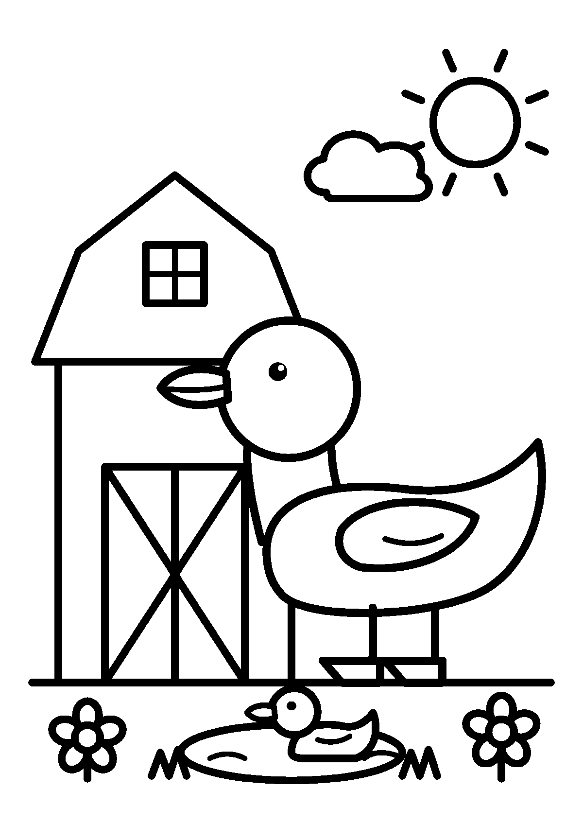 Coloriage d’un canard devant une grange avec un caneton dans une flaque, des fleurs et le soleil