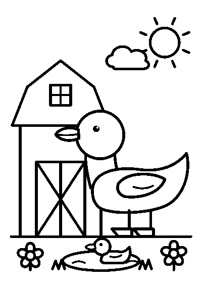 Coloriage d’un canard devant une grange avec un caneton dans une flaque, des fleurs et le soleil