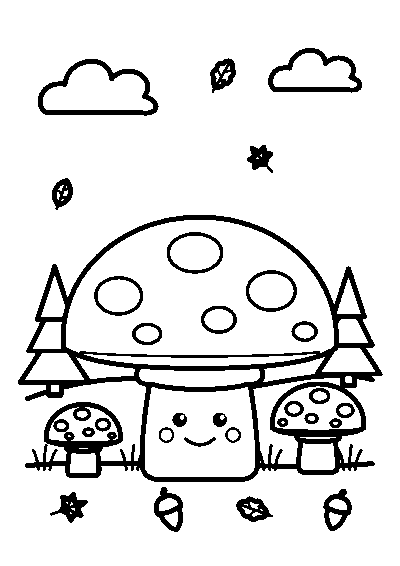 Coloriage d’un grand champignon souriant à pois avec deux petits champignons, des sapins, des glands et des feuilles d’automne