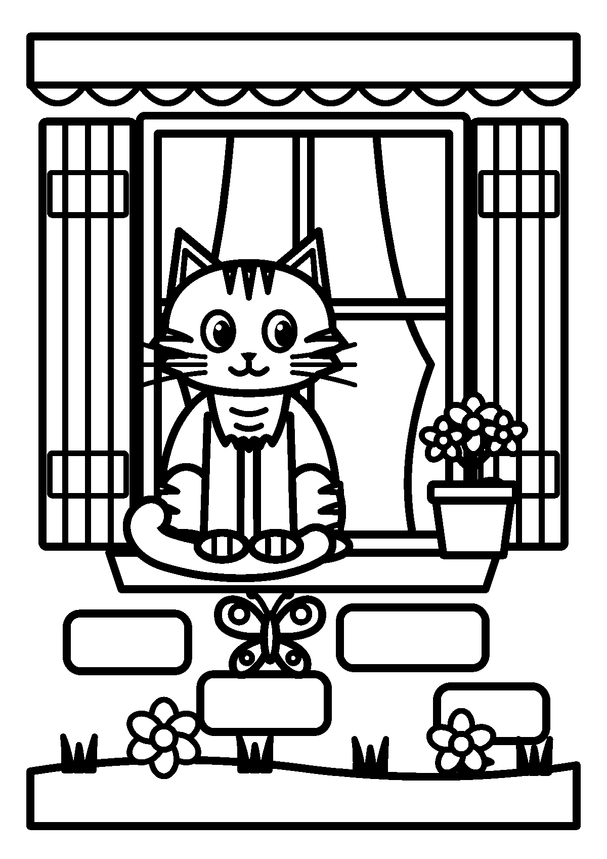 Coloriage d’un chat tigré assis sur le rebord d’une fenêtre avec des volets, un pot de fleurs et un papillon