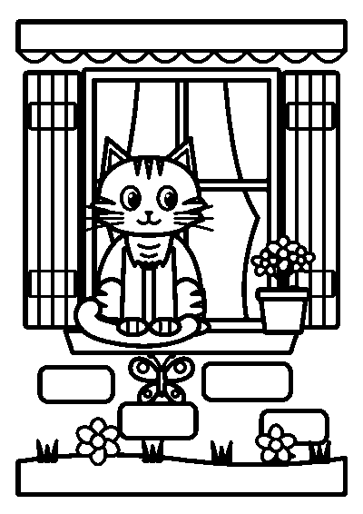 Coloriage d’un chat tigré assis sur le rebord d’une fenêtre avec des volets, un pot de fleurs et un papillon