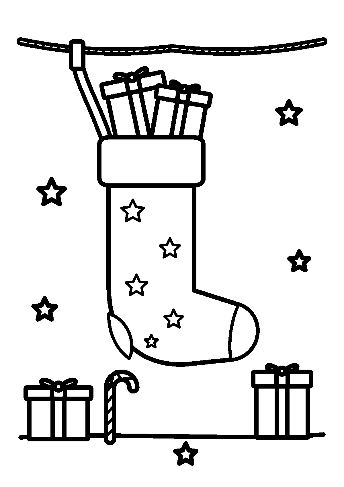 Coloriage d’une chaussette de Noël à étoiles remplie de cadeaux, suspendue à une corde, avec des cadeaux et un sucre d’orge en bas