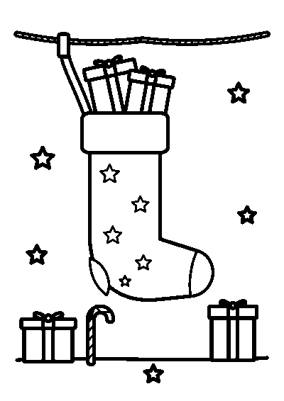 Coloriage d’une chaussette de Noël à étoiles remplie de cadeaux, suspendue à une corde, avec des cadeaux et un sucre d’orge en bas