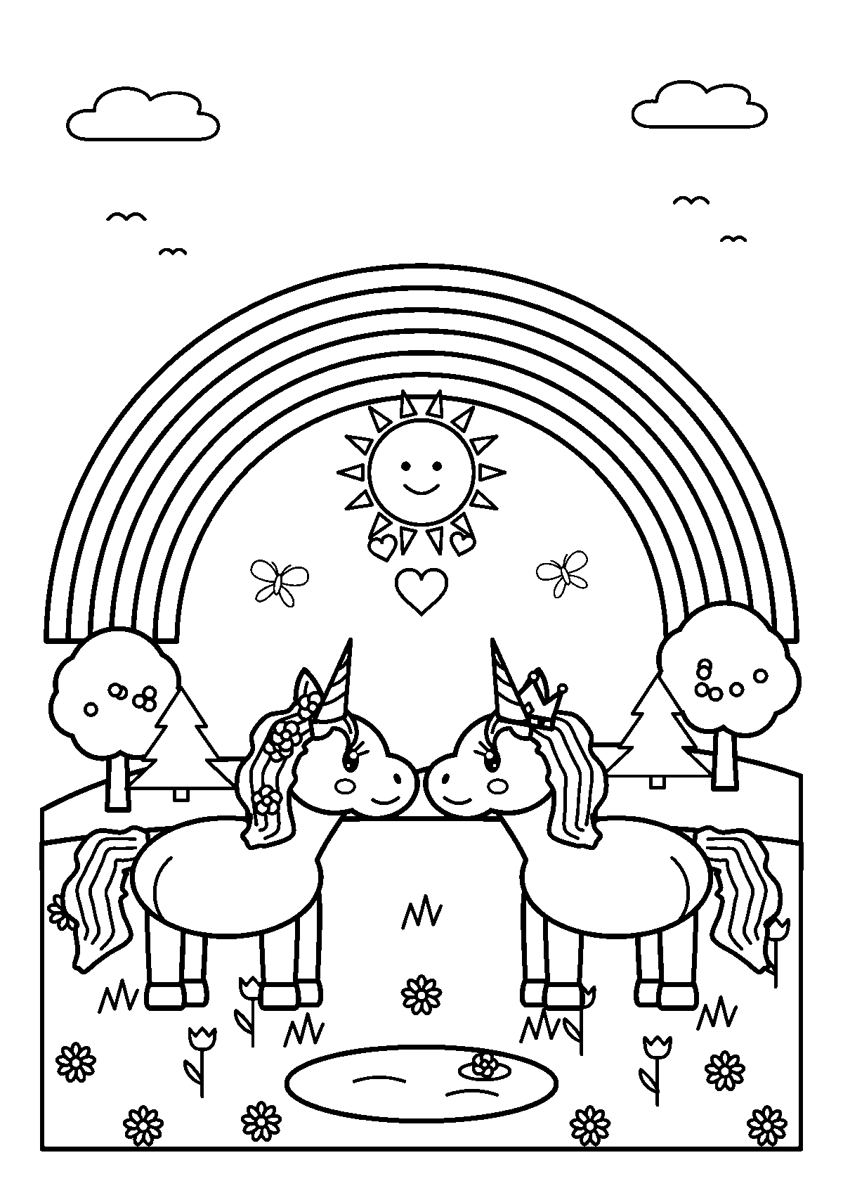 Coloriage de deux licornes qui se touchent le museau sous un grand arc-en-ciel, dans une prairie avec des arbres et une mare