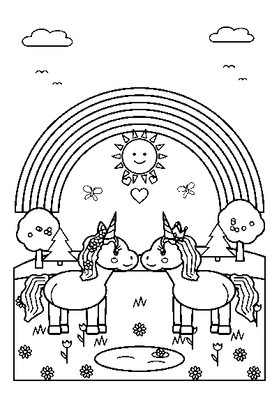 Coloriage de deux licornes qui se touchent le museau sous un grand arc-en-ciel, dans une prairie avec des arbres et une mare