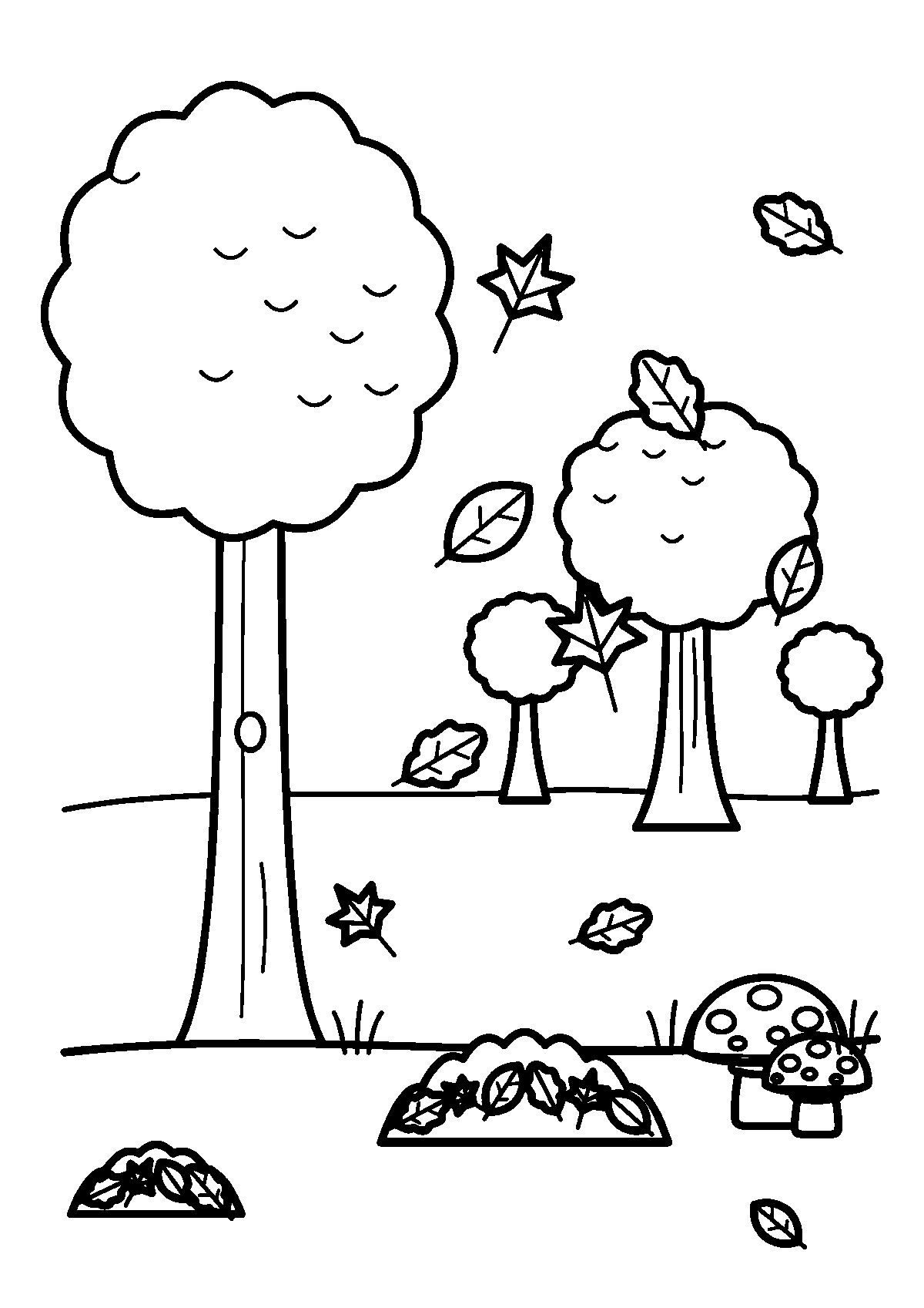 Coloriage de feuilles d’automne qui tombent des arbres dans la forêt, avec des tas de feuilles et des champignons