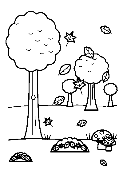 Coloriage de feuilles d’automne qui tombent des arbres dans la forêt, avec des tas de feuilles et des champignons