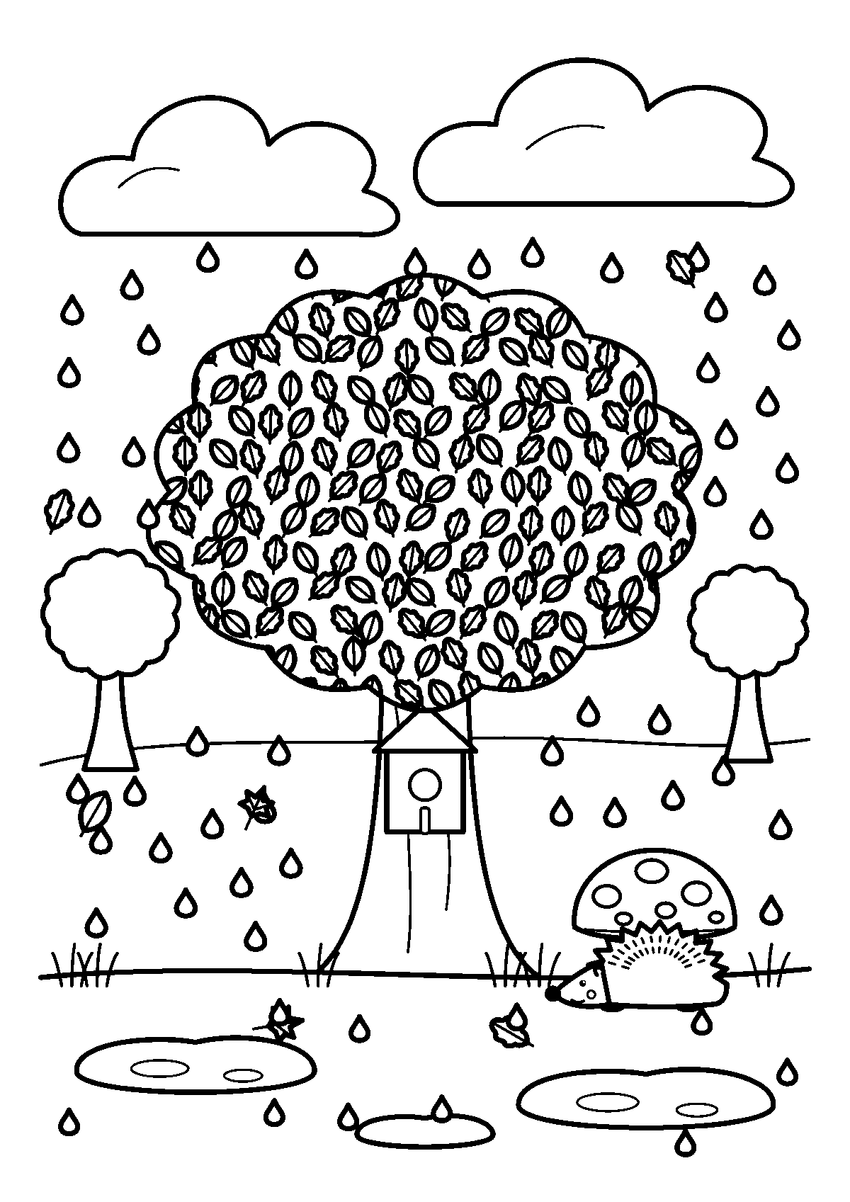 Coloriage d’un grand arbre au feuillage détaillé sous la pluie, avec un nichoir, des flaques et un hérisson sous un champignon