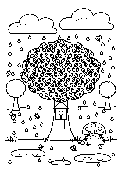 Coloriage d’un grand arbre au feuillage détaillé sous la pluie, avec un nichoir, des flaques et un hérisson sous un champignon