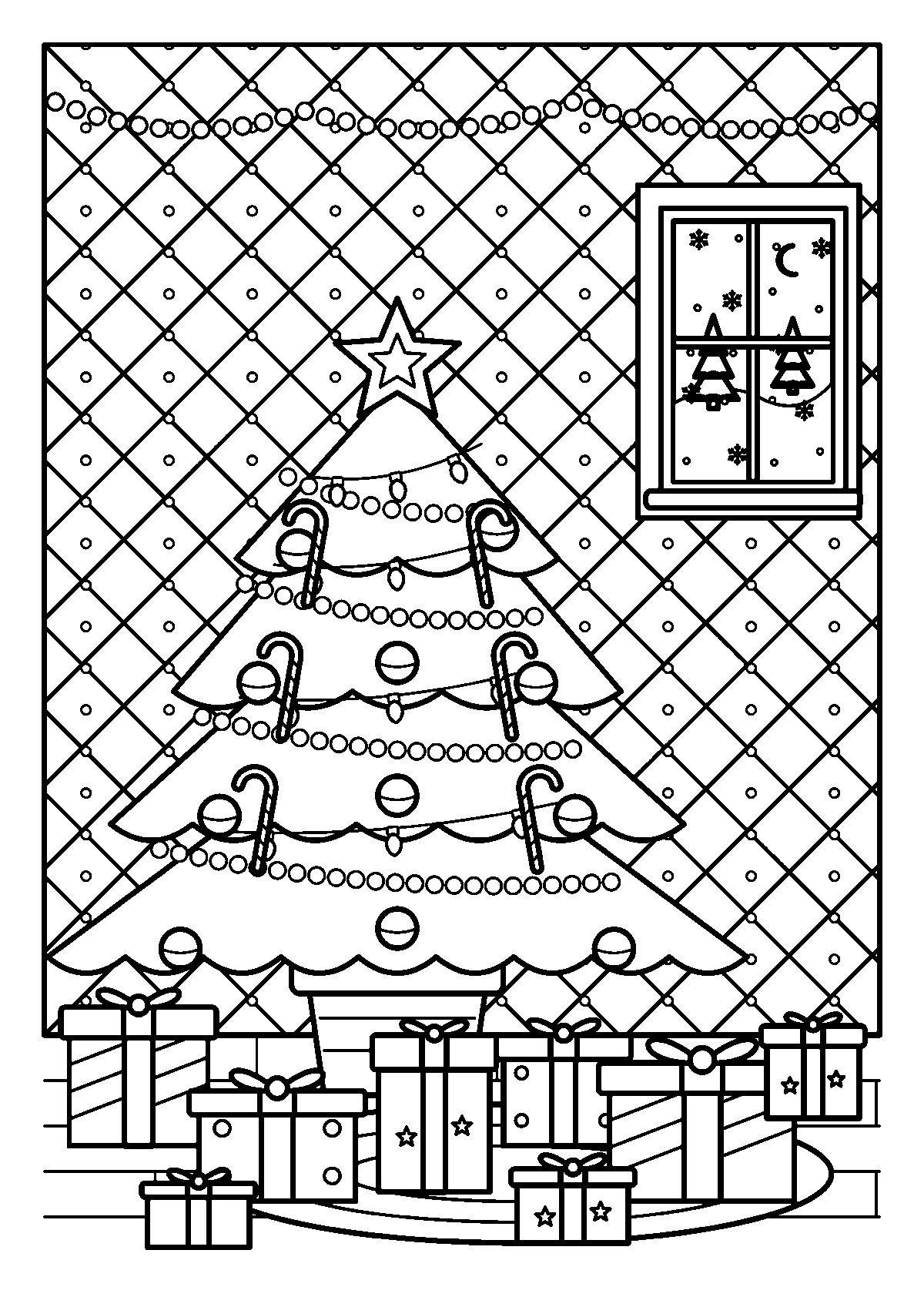 Coloriage d’un grand sapin de Noël décoré avec beaucoup de cadeaux dans un salon, avec un papier peint en losanges et une fenêtre enneigée