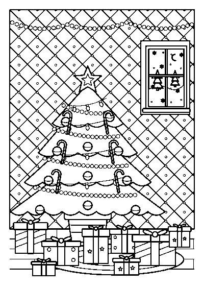Coloriage d’un grand sapin de Noël décoré avec beaucoup de cadeaux dans un salon, avec un papier peint en losanges et une fenêtre enneigée