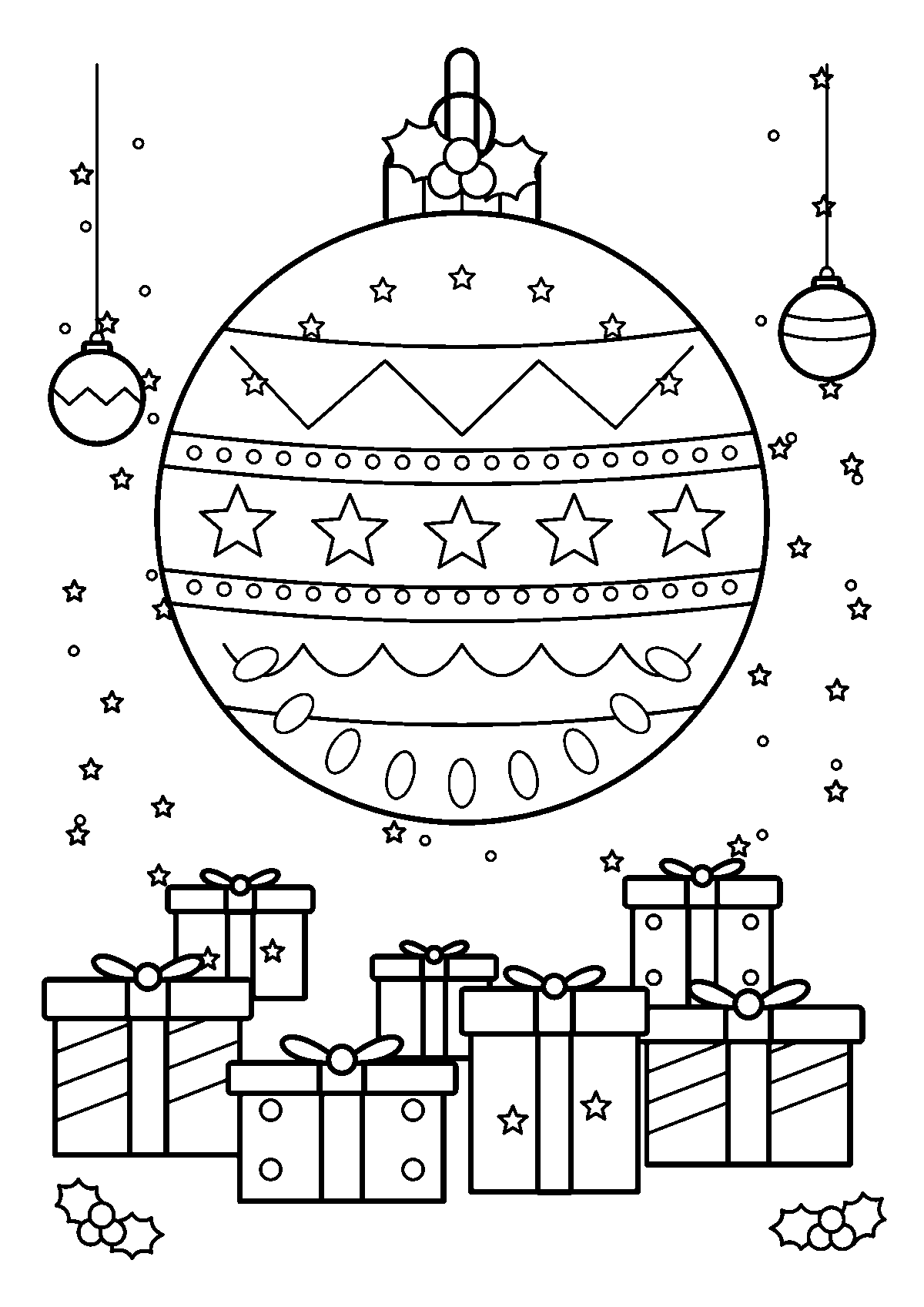Coloriage d’une grande boule de Noël décorée de frises et d’étoiles suspendue au-dessus d’une pile de cadeaux