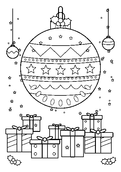 Coloriage d’une grande boule de Noël décorée de frises et d’étoiles suspendue au-dessus d’une pile de cadeaux