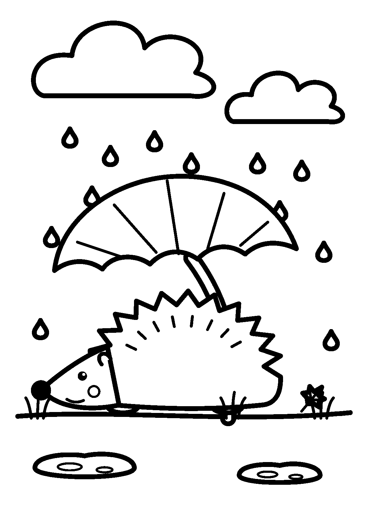 Coloriage d’un hérisson sous une grande feuille utilisée comme parapluie, sous la pluie, avec des nuages et des flaques