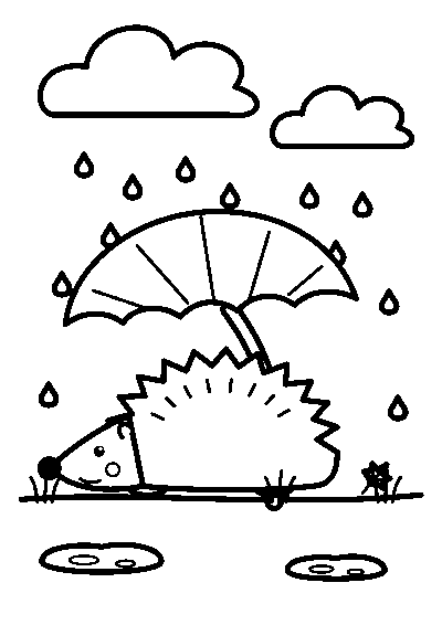 Coloriage d’un hérisson sous une grande feuille utilisée comme parapluie, sous la pluie, avec des nuages et des flaques