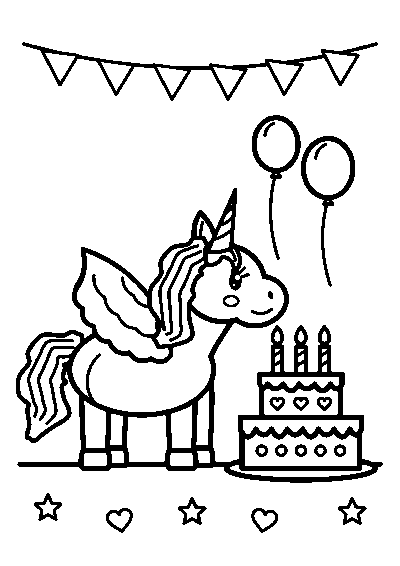 Coloriage d’une licorne avec des ailes à côté d’un gâteau d’anniversaire avec trois bougies, sous des fanions et des ballons