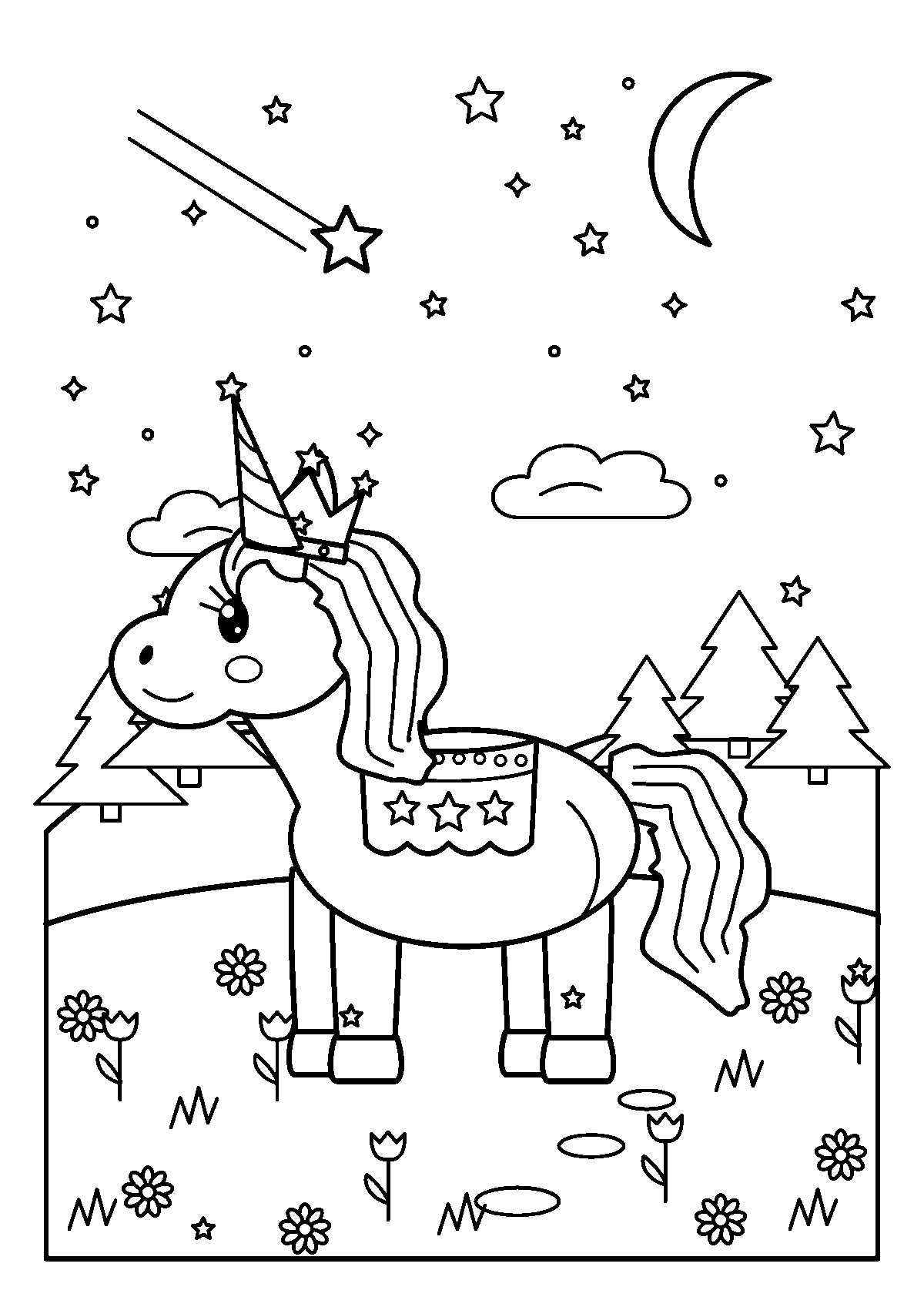 Coloriage d’une licorne avec une couronne d’étoiles dans une prairie fleurie sous la lune et les étoiles