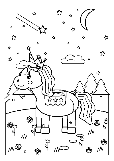 Coloriage d’une licorne avec une couronne d’étoiles dans une prairie fleurie sous la lune et les étoiles