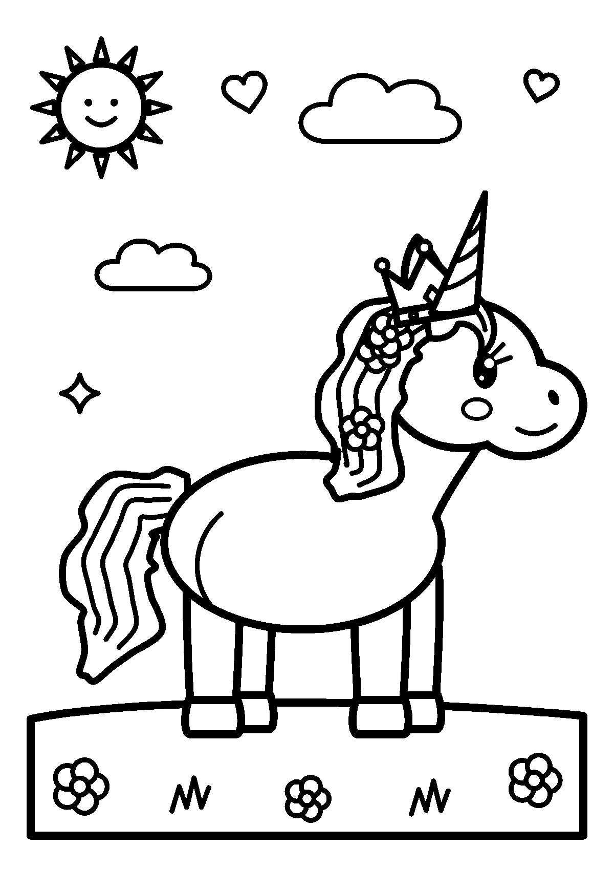 Coloriage d’une licorne avec une couronne et des fleurs dans la crinière, dans une prairie sous le soleil