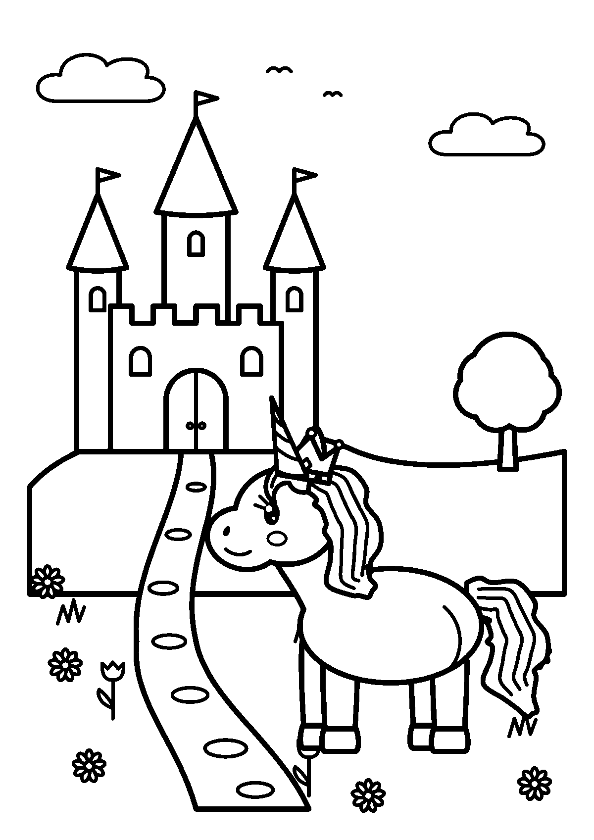 Coloriage d’une licorne avec une couronne devant un château à trois tours et un chemin de pierres