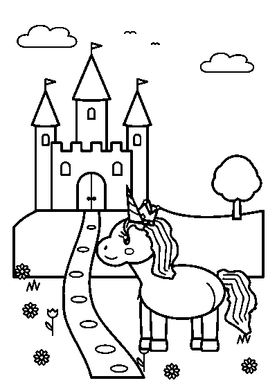 Coloriage d’une licorne avec une couronne devant un château à trois tours et un chemin de pierres