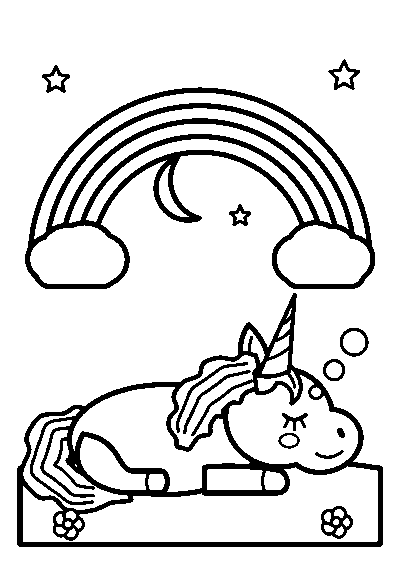 Coloriage d’une licorne qui dort dans l’herbe sous un arc-en-ciel avec la lune et des étoiles